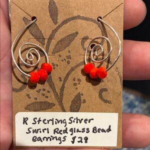 Sterling Silver Swirl Earrings with Red Glass Beads
